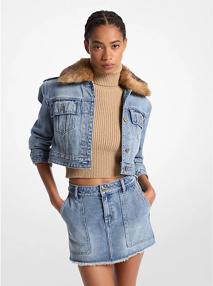 Faux Fur Trim Denim Cropped Jacket