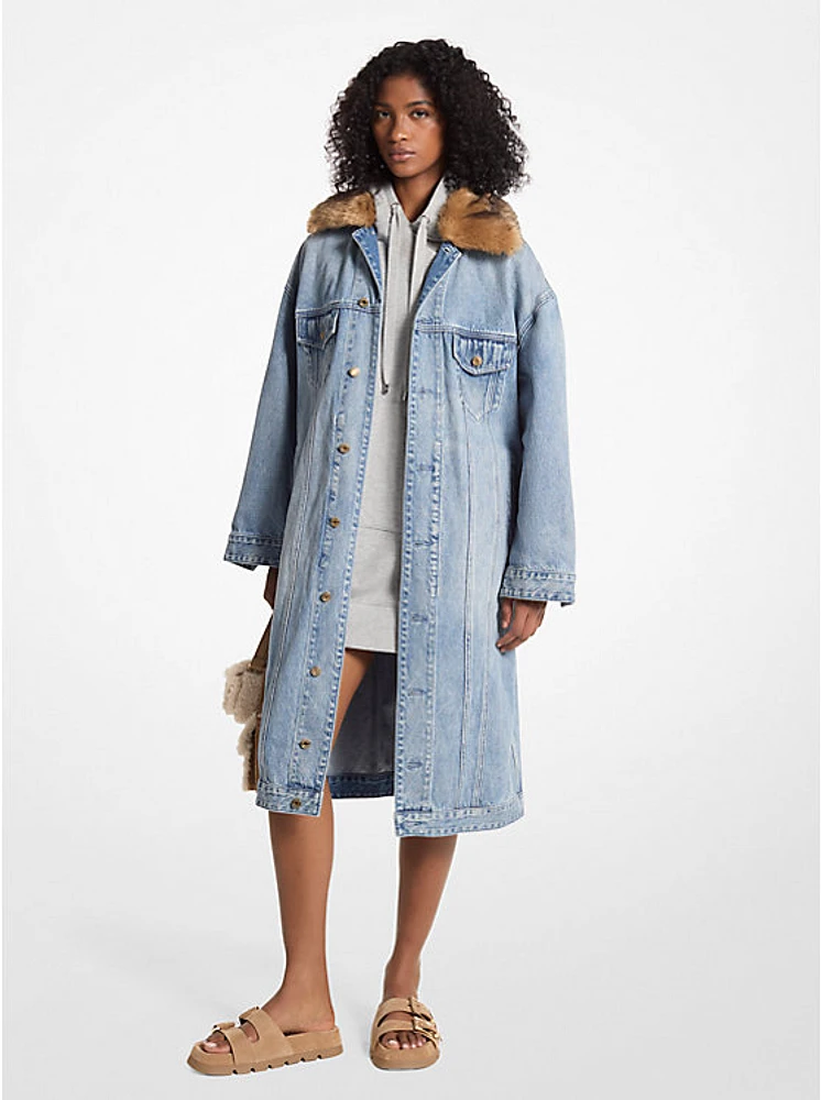 Faux Fur Trim Denim Oversized Coat