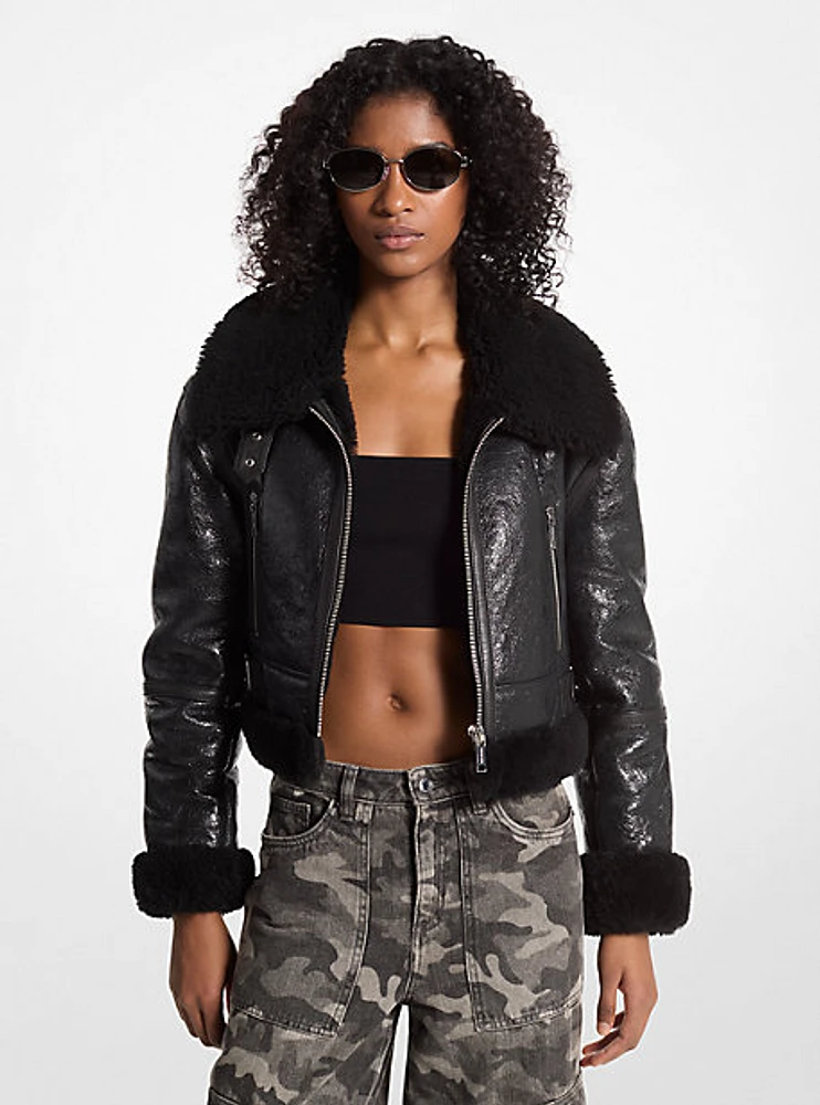 Crackled Leather and Shearling Cropped Jacket