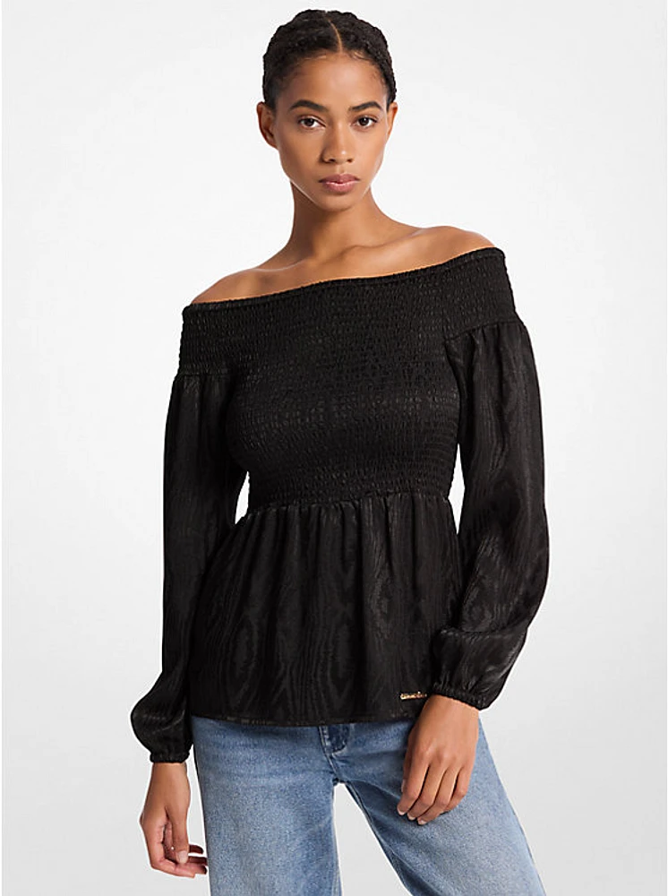 Smocked Moiré Jacquard Off-The-Shoulder Top