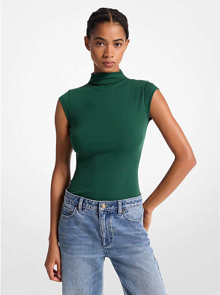 Stretch Cotton Blend Funnel-Neck Top