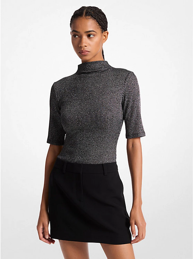 Ribbed Metallic Funnel Neck Top