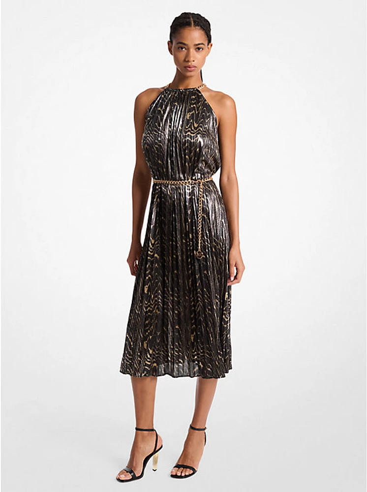 Pleated Metallic Halter Dress