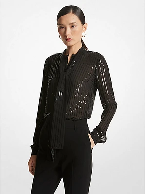 Pinstripe Sequined Georgette Tie-Neck Blouse