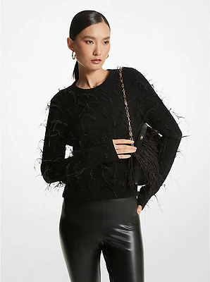 Feather Embellished Merino Wool Blend Cropped Sweater