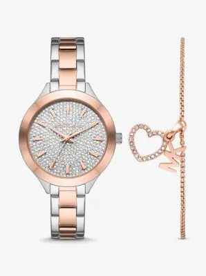 Pavé Two-Tone Watch and Heart Bracelet Set