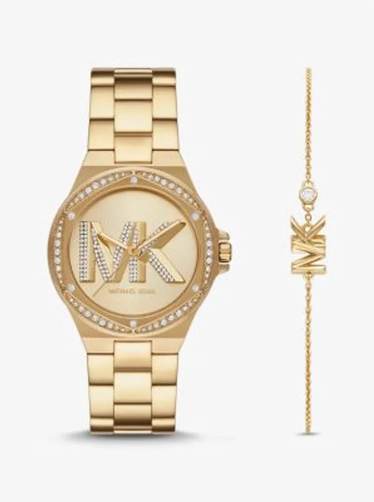 Lennox Pavé Logo Gold-Tone Watch and Bracelet Set