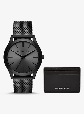 Oversized Slim Runway Black-Tone Watch and Card Case Gift Set