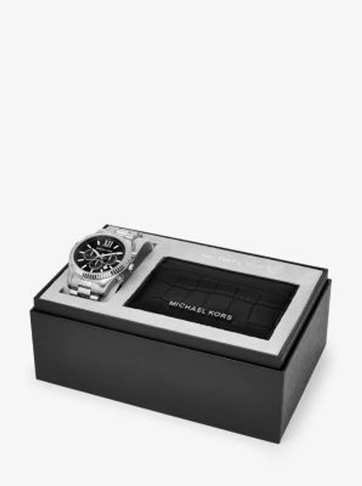 Oversized Lexington Silver-Tone Watch and Crocodile-Embossed Leather Card Case Gift Set