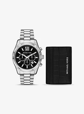 Oversized Lexington Silver-Tone Watch and Crocodile-Embossed Leather Card Case Gift Set