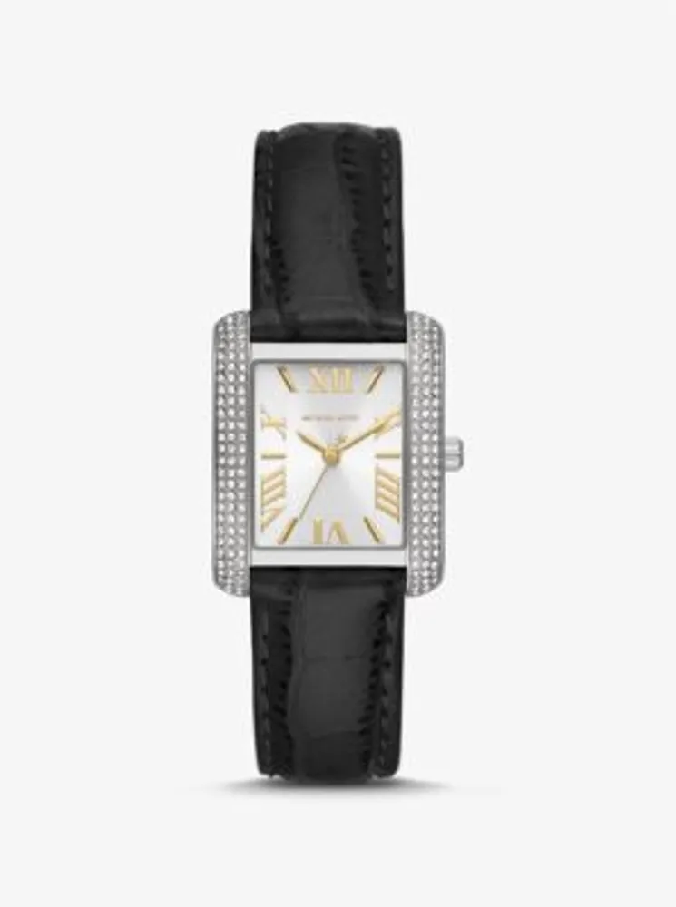 Mini Emery Pavé Silver-Tone and Crocodile Embossed Leather Watch