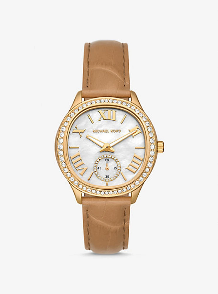 Sage Pavé Gold-Tone and Crocodile Embossed Leather Watch