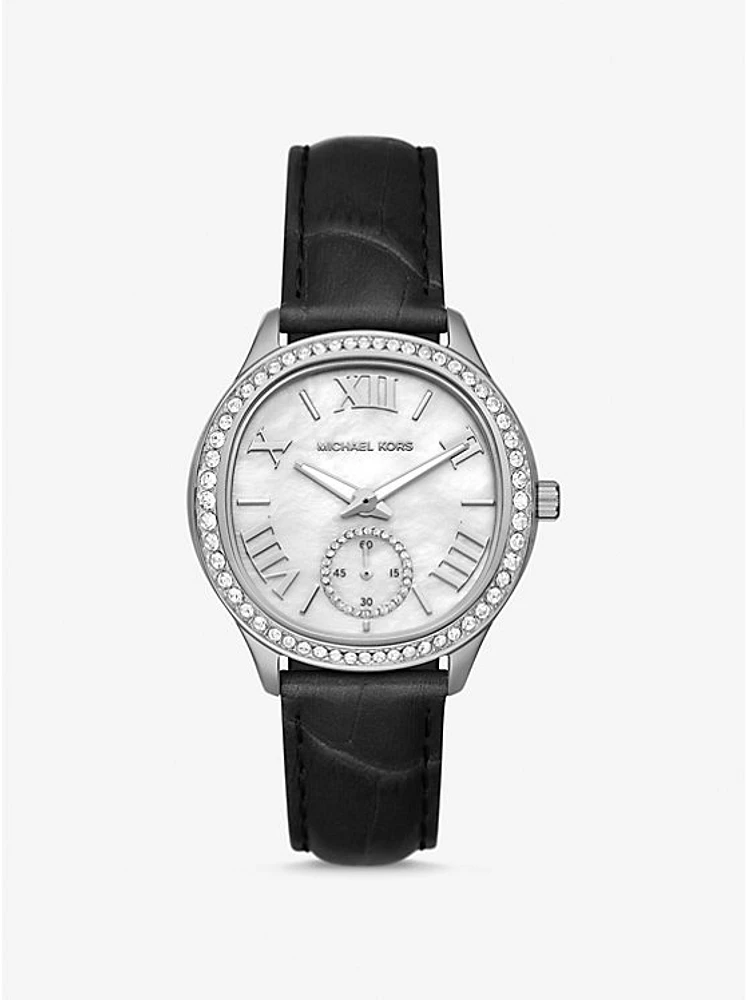 Sage Pavé Silver-Tone and Crocodile Embossed Leather Watch