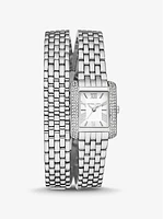 Reloj Emery pequeño en tono plateado con pavé y correa doble
