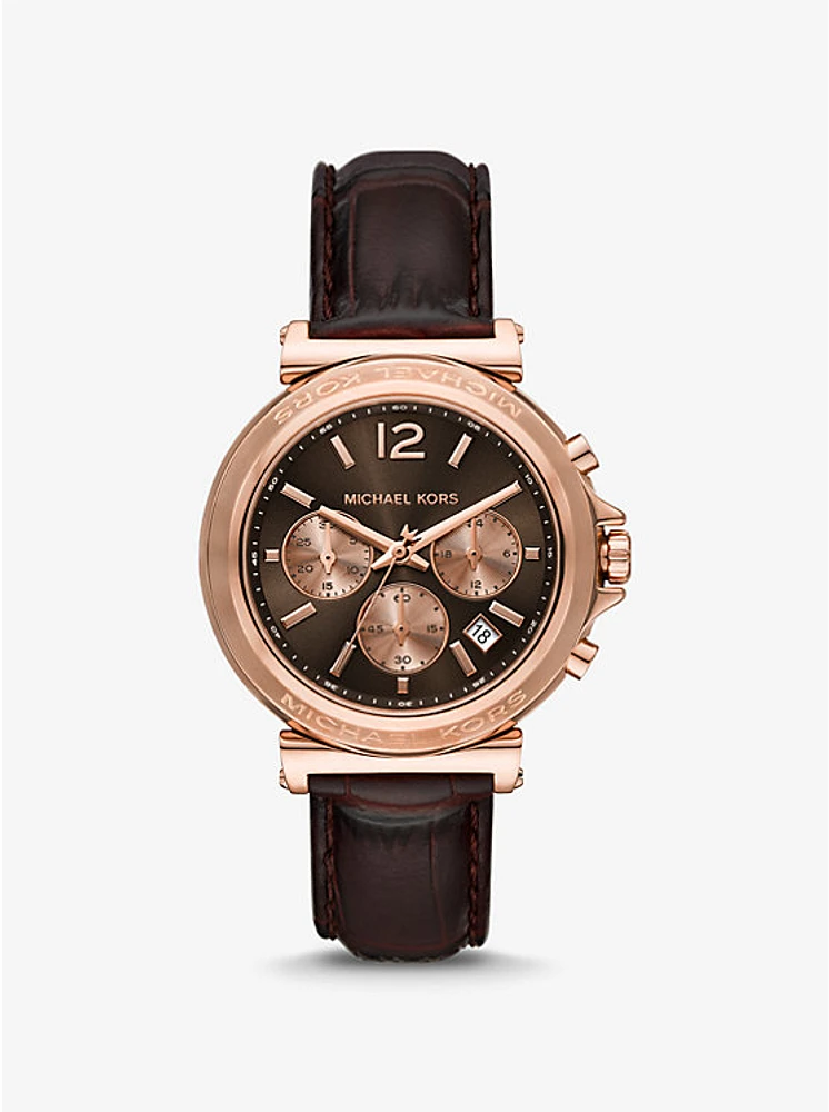 Oversized Maren Rose Gold-Tone and Crocodile Embossed Leather Watch