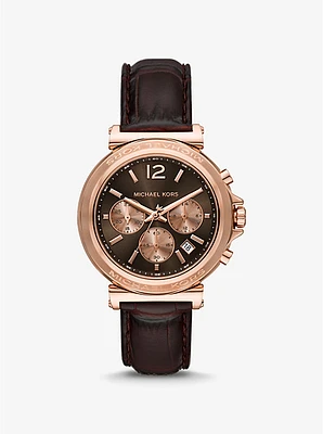 Oversized Maren Rose Gold-Tone and Crocodile Embossed Leather Watch