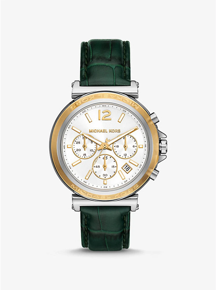Oversized Maren Silver-Tone and Crocodile Embossed Leather Watch