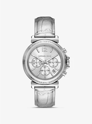 Maren Silver-Tone and Crocodile Embossed Leather Watch