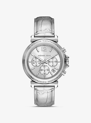 Maren Silver-Tone and Crocodile Embossed Leather Watch