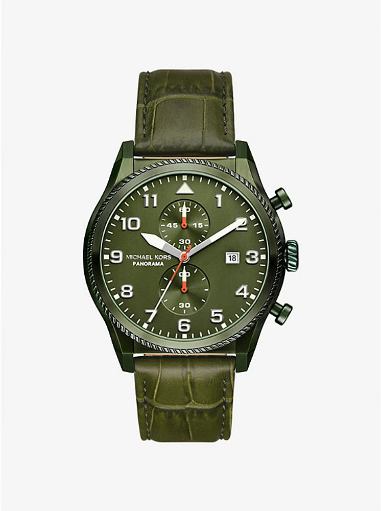 Reloj Panorama oversize en tono oliva y piel con motivo de cocodrilo en relieve