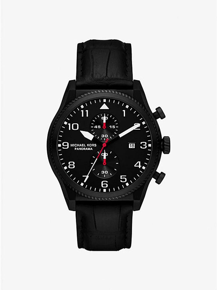 Reloj Panorama oversize en tono negro y piel con motivo de cocodrilo en relieve