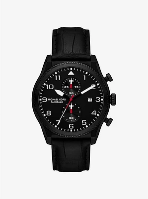 Reloj Panorama oversize en tono negro y piel con motivo de cocodrilo en relieve