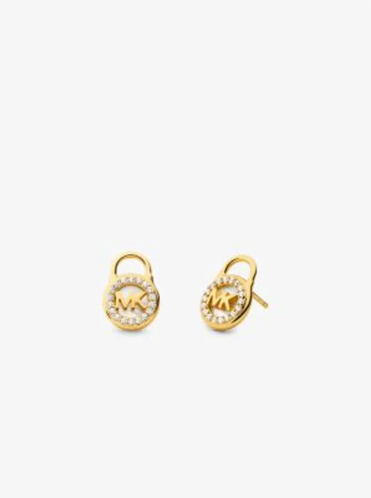 Precious Metal-Plated Sterling Silver Pavé Padlock Stud Earrings