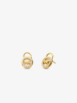 Precious Metal-Plated Sterling Silver Pavé Padlock Stud Earrings