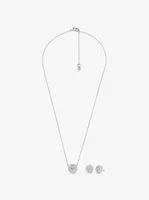 Sterling Silver Pavé Logo Disc Earrings and Necklace Set