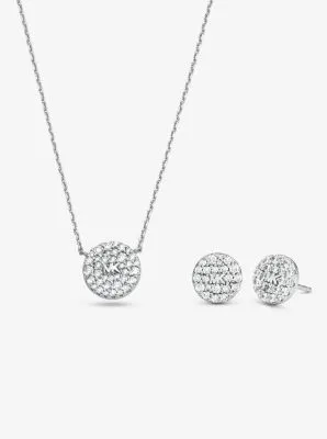 Sterling Silver Pavé Logo Disc Earrings and Necklace Set