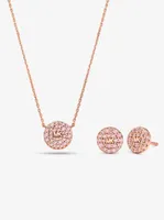 14K Rose Gold-Plated Sterling Silver Pavé Logo Disc Earrings and Necklace Set