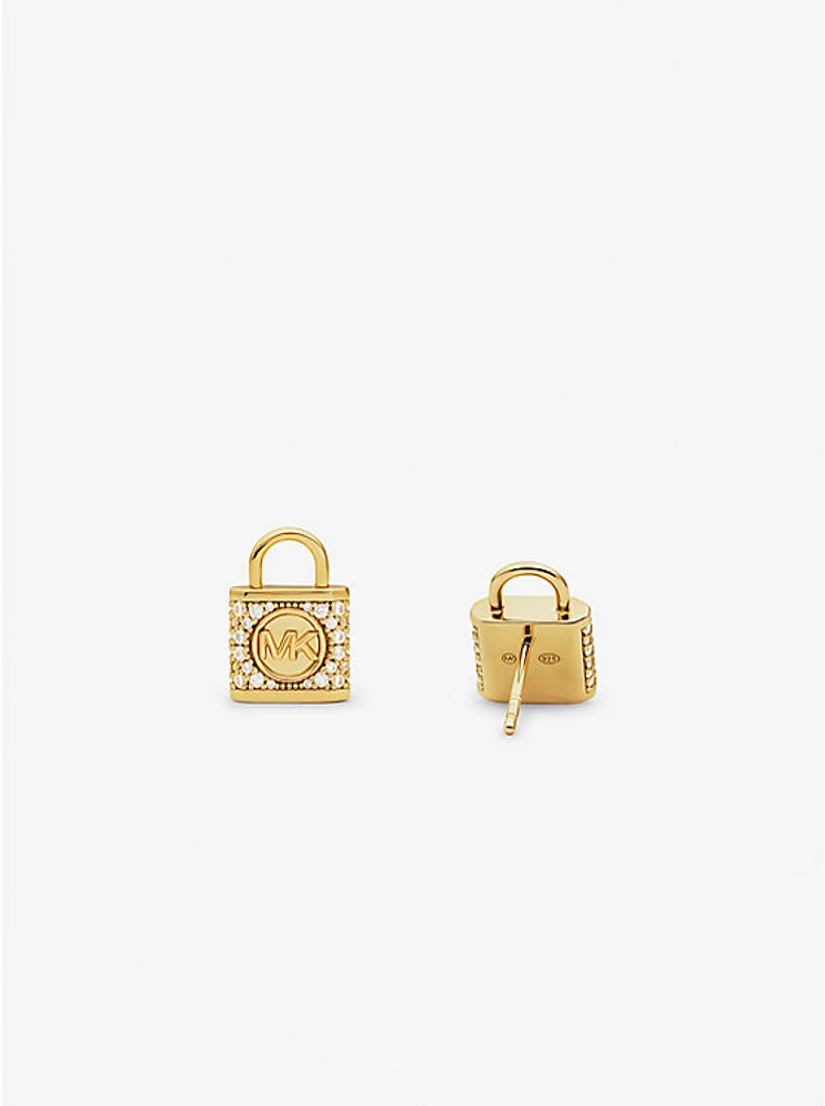 Precious Metal-Plated Sterling Silver Lock Pavé Stud Earrings