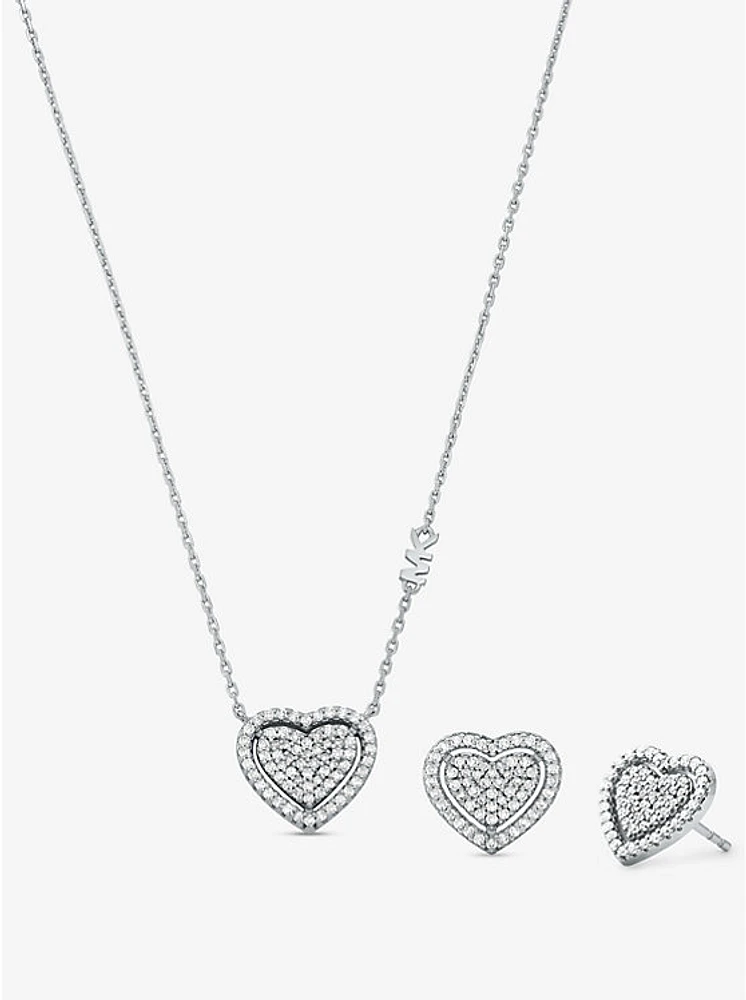 Precious Metal-Plated Sterling Silver Pavé Heart Necklace and Earrings Gift Set