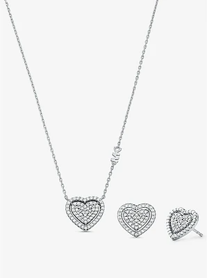 Precious Metal-Plated Sterling Silver Pavé Heart Necklace and Earrings Gift Set