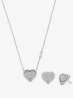 Precious Metal-Plated Sterling Silver Pavé Heart Necklace and Earrings Gift Set