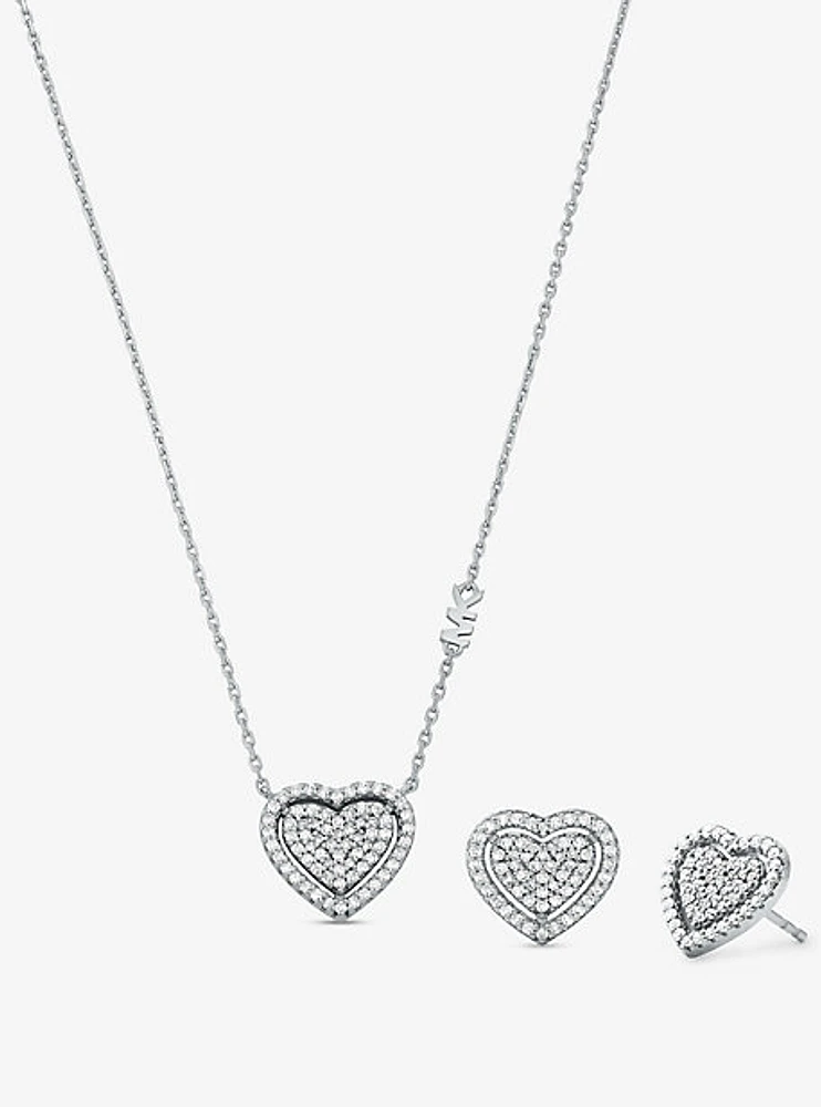 Precious Metal-Plated Sterling Silver Pavé Heart Necklace and Earrings Gift Set