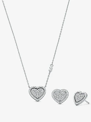 Precious Metal-Plated Sterling Silver Pavé Heart Necklace and Earrings Gift Set