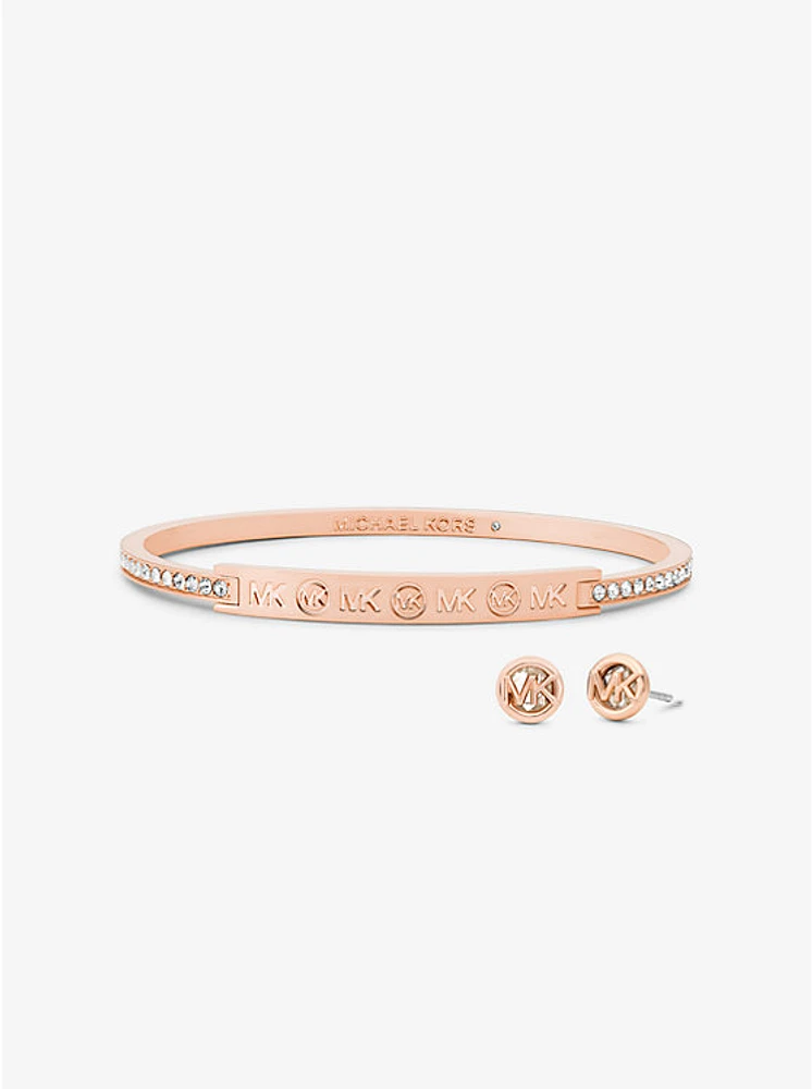 Rose Gold-Tone Plated Brass Pavé Logo Engraved Jewelry Gift Set