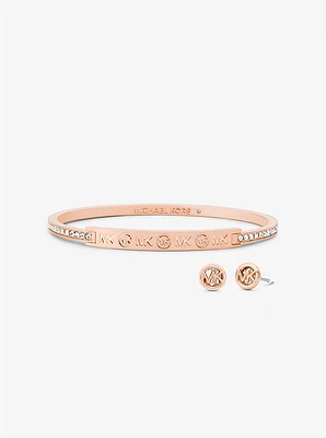 Rose Gold-Tone Plated Brass Pavé Logo Engraved Jewelry Gift Set