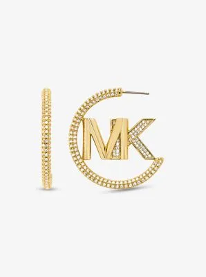 Precious Metal-Plated Brass Pavé Logo Hoop Earrings