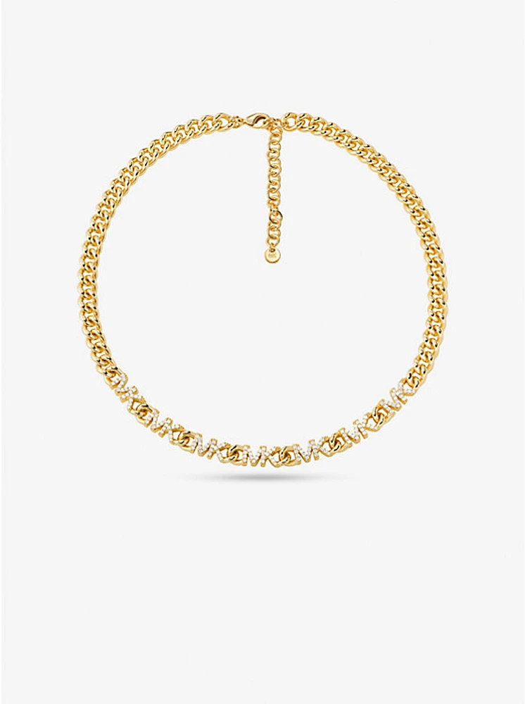 Precious Metal-Plated Brass Pavé Logo Chain Necklace