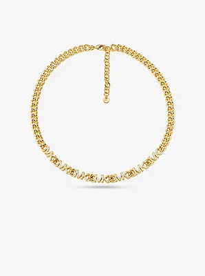 Precious Metal-Plated Brass Pavé Logo Chain Necklace