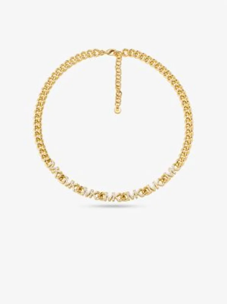 14K Gold-Plated Brass Pavé Logo Chain Necklace