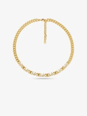 14K Gold-Plated Brass Pavé Logo Chain Necklace