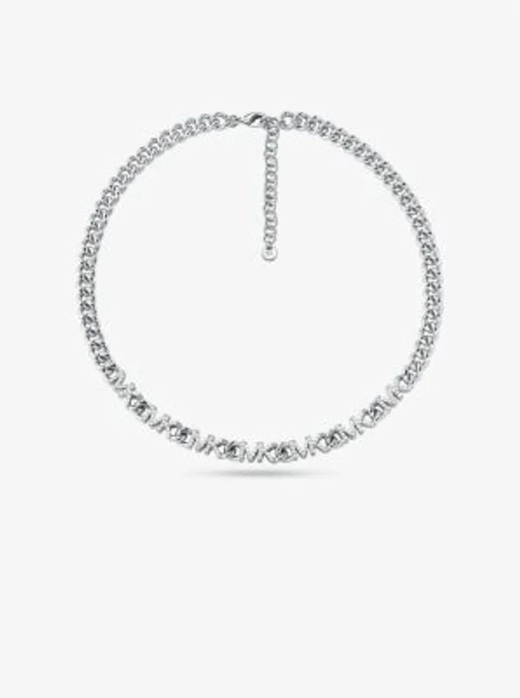 Platinum-Plated Brass Pavé Logo Chain Necklace