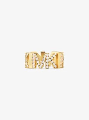 Precious Metal-Plated Brass Pavé Logo Chain Ring
