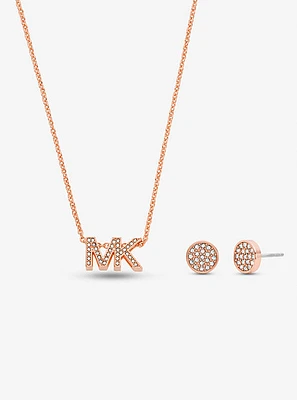 Rose Gold-Tone Brass Logo Necklace and Earrings Set