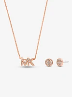 Rose Gold-Tone Brass Logo Necklace and Earrings Set