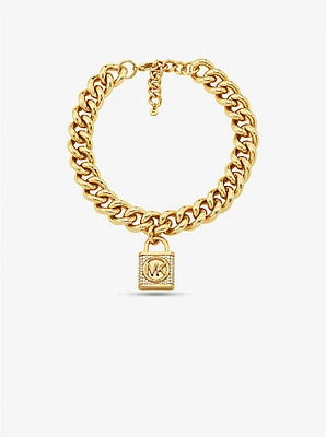 Precious Metal-Plated Brass Pavé Lock Curb Link Necklace