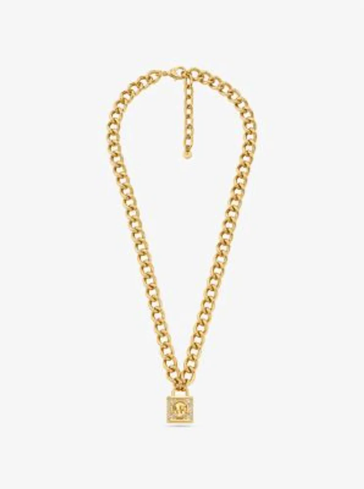 14K Gold-Plated Brass Pavé Lock Necklace